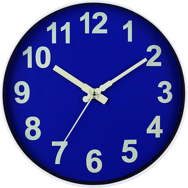 BECANOE Luminous Wall Clocks 12 Inch Non Ticking Quartz Battery Operated Round Easy to Read Silent for Home/Kitchen/Office/School Clock Blue