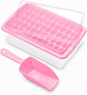 Ice Cube Tray with Lid and Bin 55 - Ice Cube Molds for Freezer BPA Free Ice Container Comes with Scoop and Cover (Pink) Ice Cube Molds & Trays