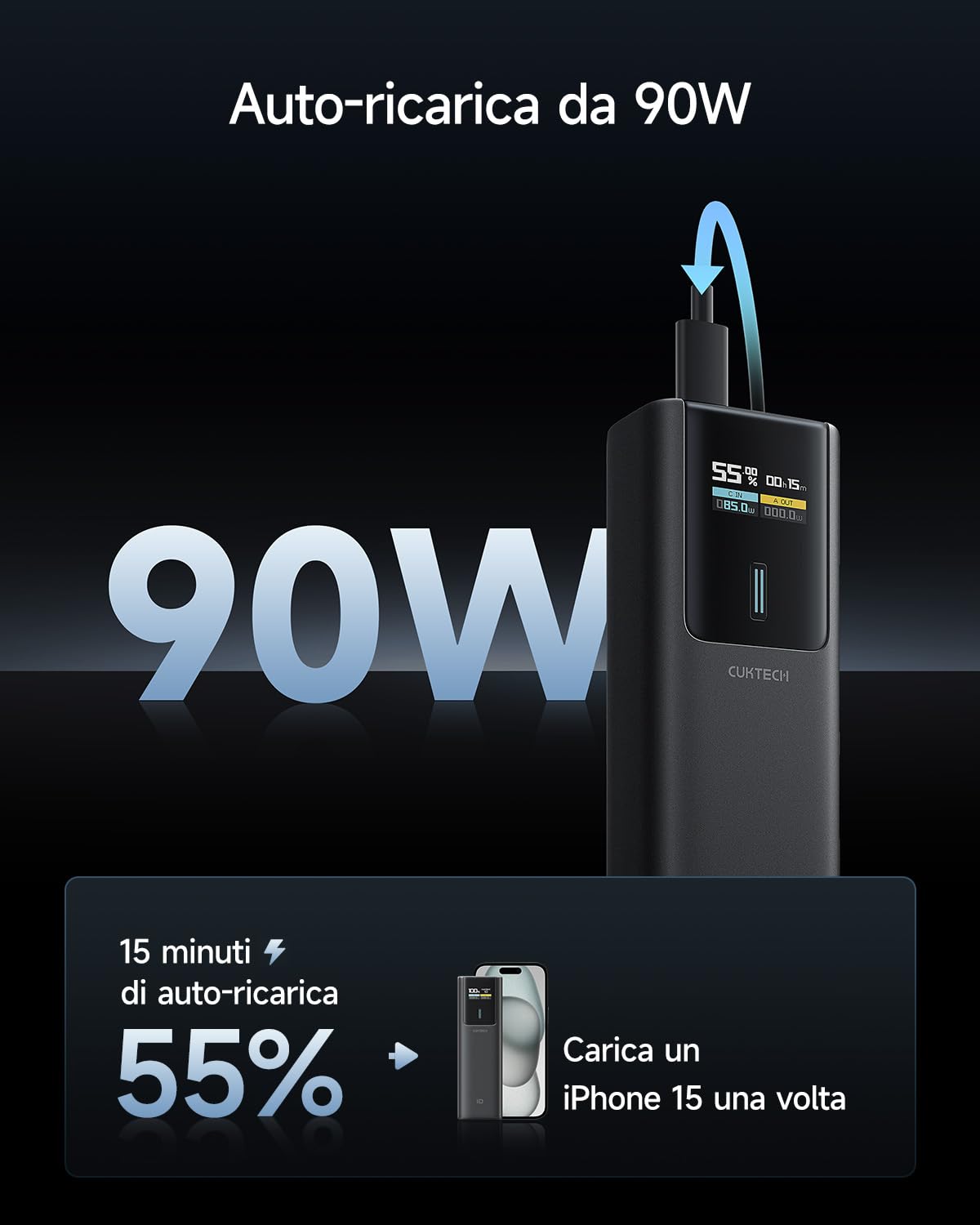 CUKTECH 10 Power Bank 100W Caricabatterie Portatile per Laptop, Batteria da 10.000 mAh con USB C e Smart Display TFT, Ricarica Rapida PD3.0 per iPhone Serie 16/15, Samsung Galaxy S24/S23, iPad Air/Pro