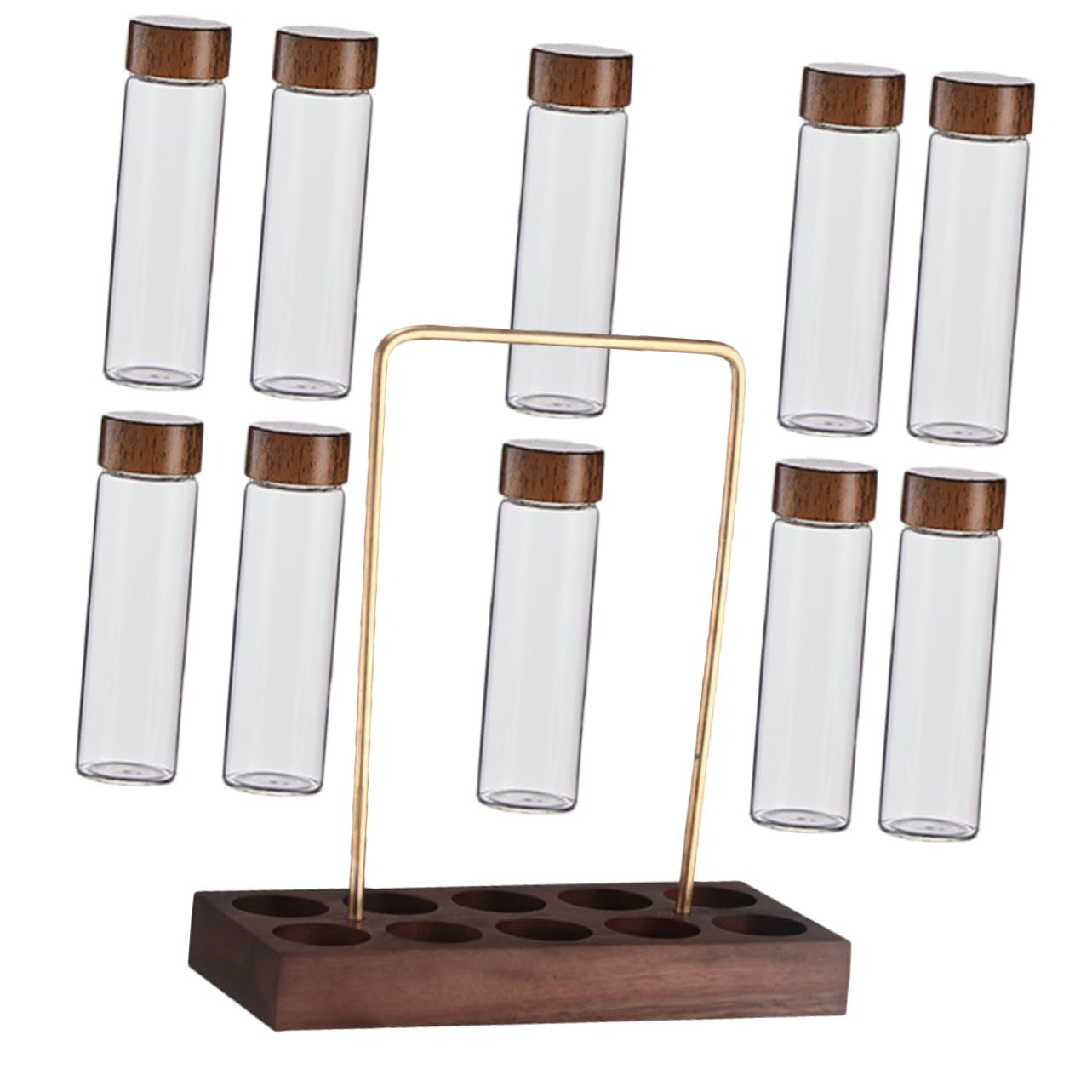 NUOBESTY Glas Kaffeebohnen Aufbewahrungsset mit Holzständer Glasröhrchen mit Deckel Luftdichte Kaffeebohnen Behälter für Küche Kompakt und Platzsparend Vielseitig für Gewürze und Kräuter