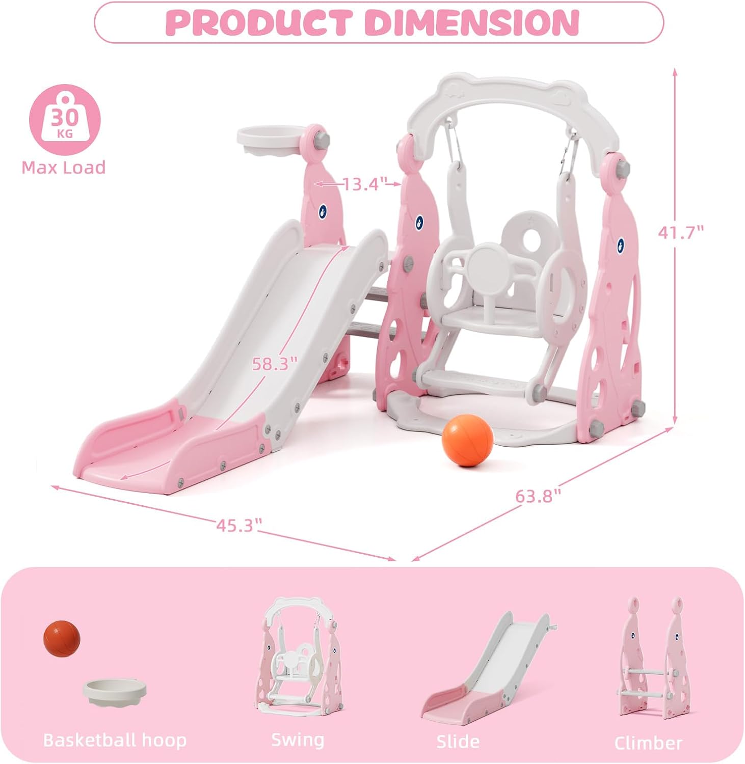 Glaf 6 in 1 Toddler Slide and Swing Set Toddler Outdoor Playset Kids Slide for Toddlers 1-3 Baby Slide with Basketball Hoop,Swing,Climber Toys for 1 Year Old Indoor Playground (Light Pink)