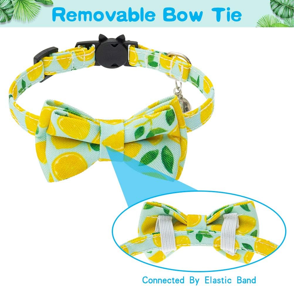 BINGPET Breakaway Cat Collar with Removable Bow Tie, 2 Pcs Adjustable Soft Cat Collars with Bell and Cute Fruit Patterns, for Kitties Daily & Holiday Wear - Lemon and Rainbow