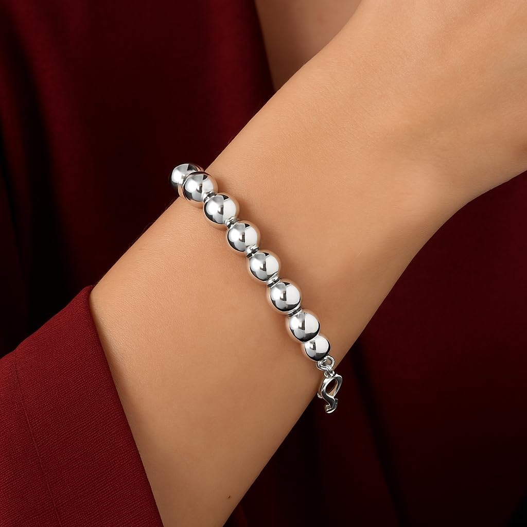 925 Sterling Silver Beaded Bracelet, Round Ball Chain, Lobster Clasp