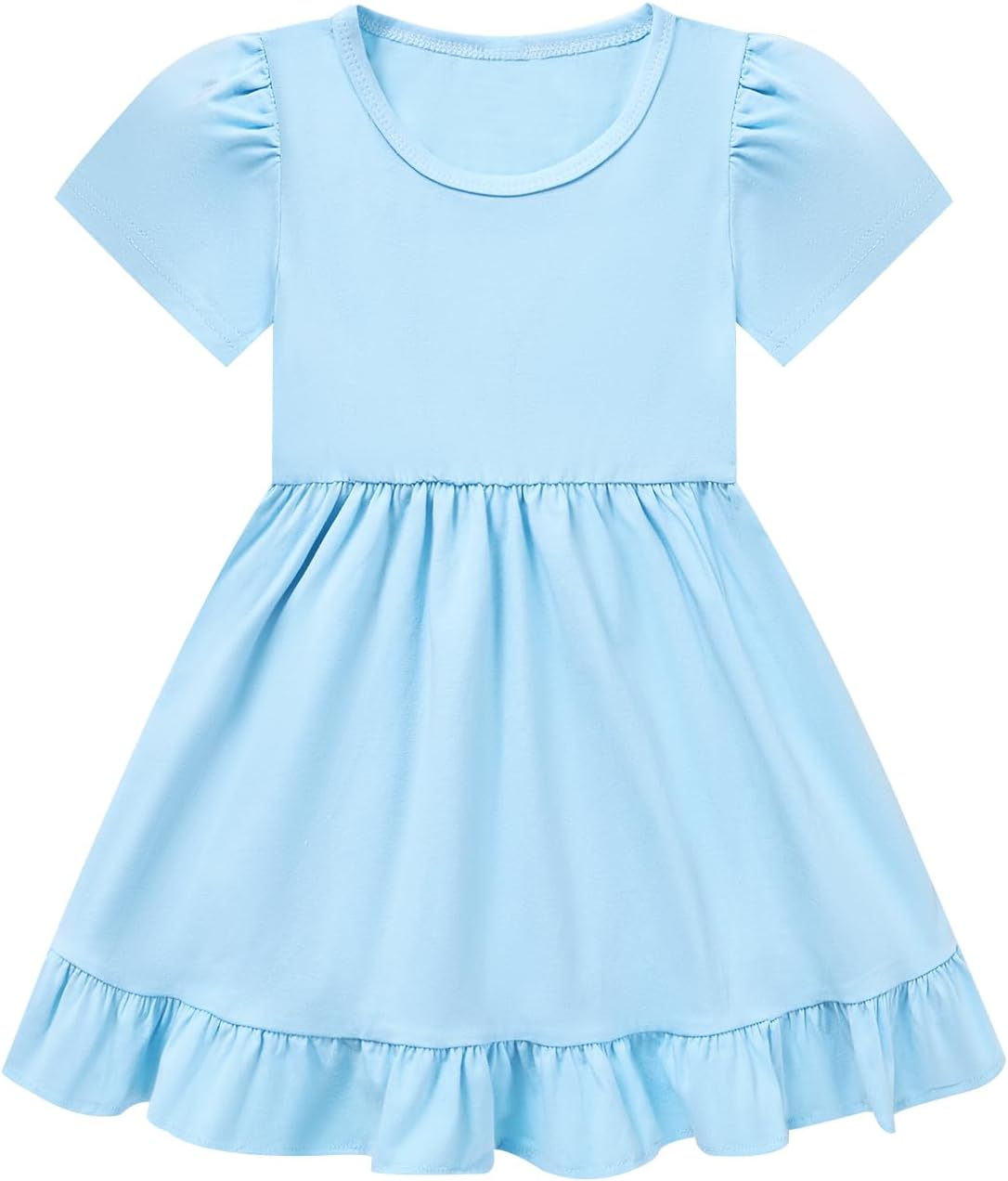 Little Girl Summer Dress Girls Puff Short Sleeve Ruffle Dress Solid Color A-Line Dresses 3-8 Years