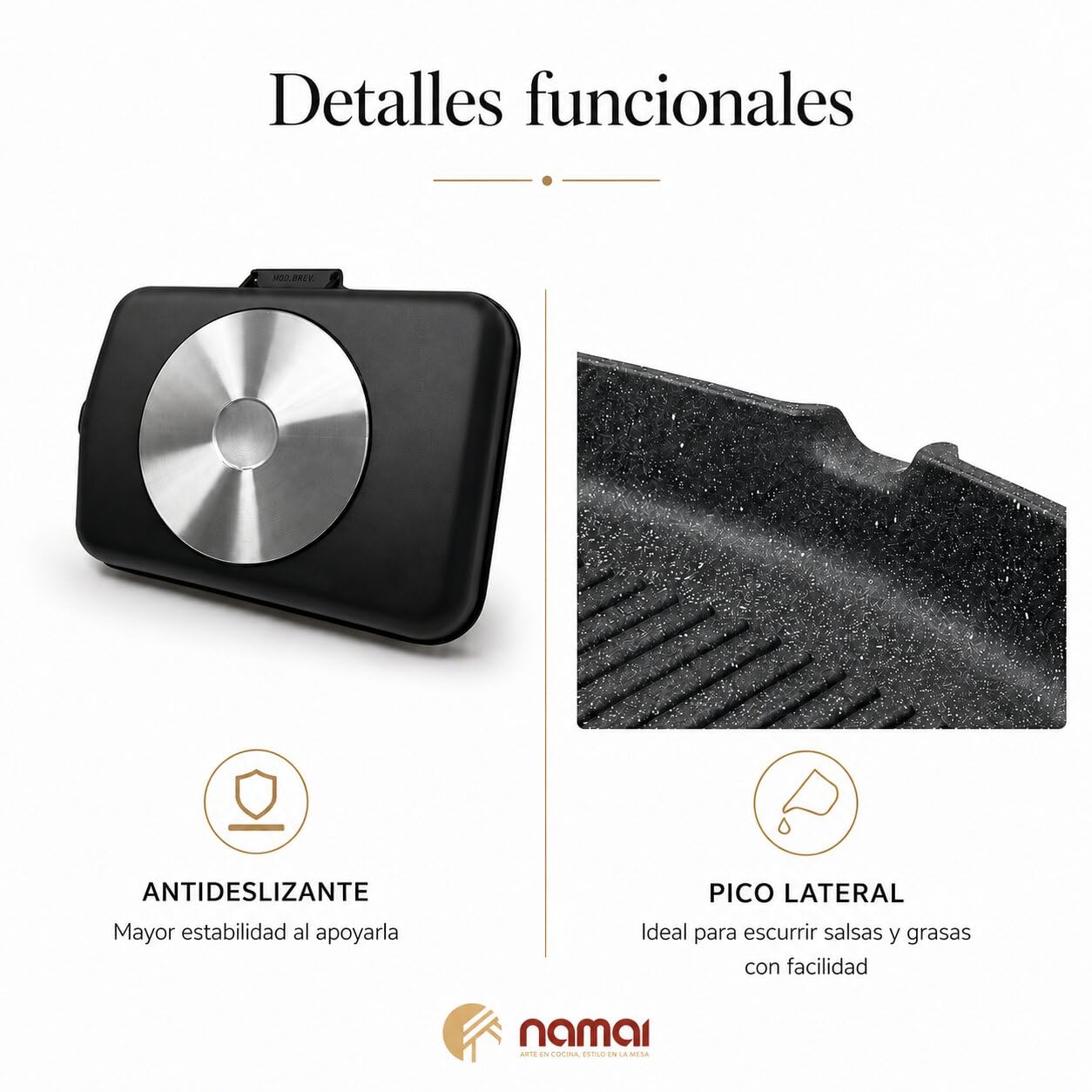 NAMAI - Sarten Plancha Antiadherente Rectangular, 35CM x 25CM, Aluminio Fundido a Presión, Apta Para Lavavajillas, Mango Plegable Para Ahorrar Espacio, Fabricada en Italia