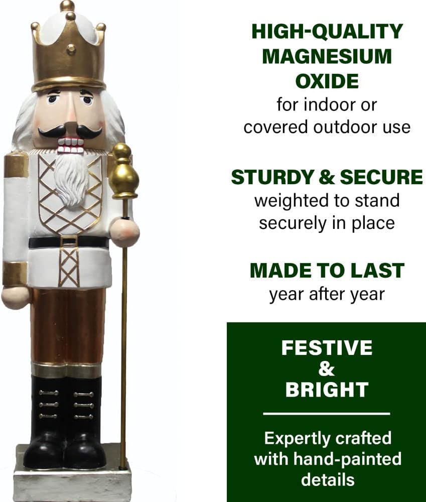 Fraser Hill Farm 48-Inch Nutcracker Figurine Holding Staff, Large Indoor Christmas Decoration, Elegant Holiday Home Decor, Festive Nutcracker Soldier Statue for Entryway or Living Room, White and Gold