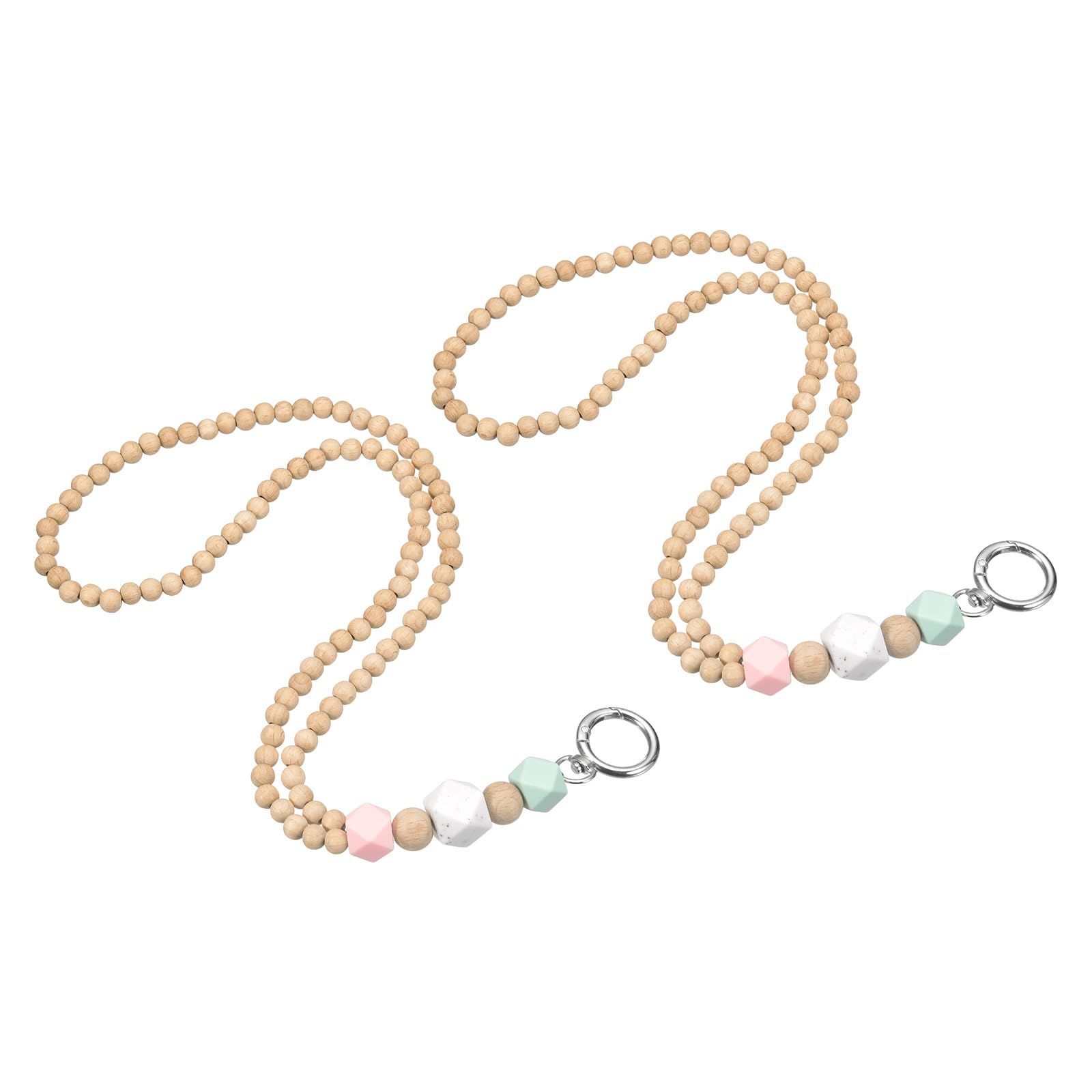 PATIKIL 2Pcs Wood Beaded Lanyard, 450mm Cute Teacher Lanyards for ID Badges Keys Keychain Necklace with Breakaway Buckle for Women Office Work, Pink/White/Green