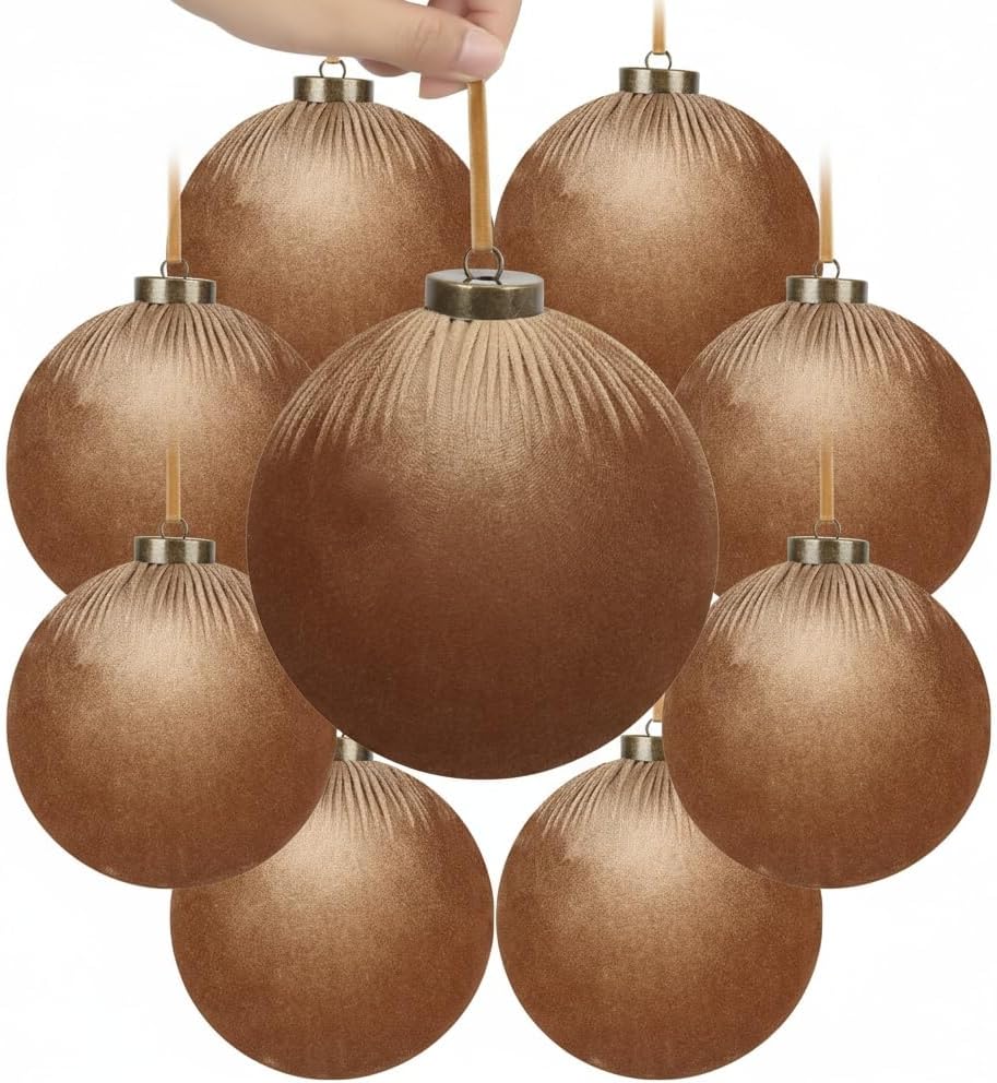 9 PCS Velvet Christmas Balls Ornaments 4inch& 6inch Christmas Large Ball Set for Xmas Tree Decor, Holiday Home Party (Browm, 6inch) Browm 6inch