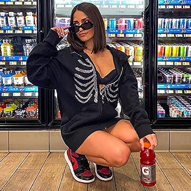 Buy Fernvia Women Zip Up Hoodie Rhinestone Skeleton Goth Clothes Vintage  Oversized Sweatshirt Print Jacket Streetwear Coat, C-rhinestone Skeleton,  Small at Amazon.in