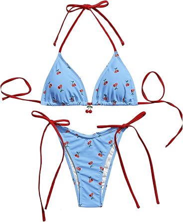 WDIRARA Womens 2 Piece Swimsuit Cherry Print Bikini Set Halter Triangle Bikini Side Tie String Bathing Suits