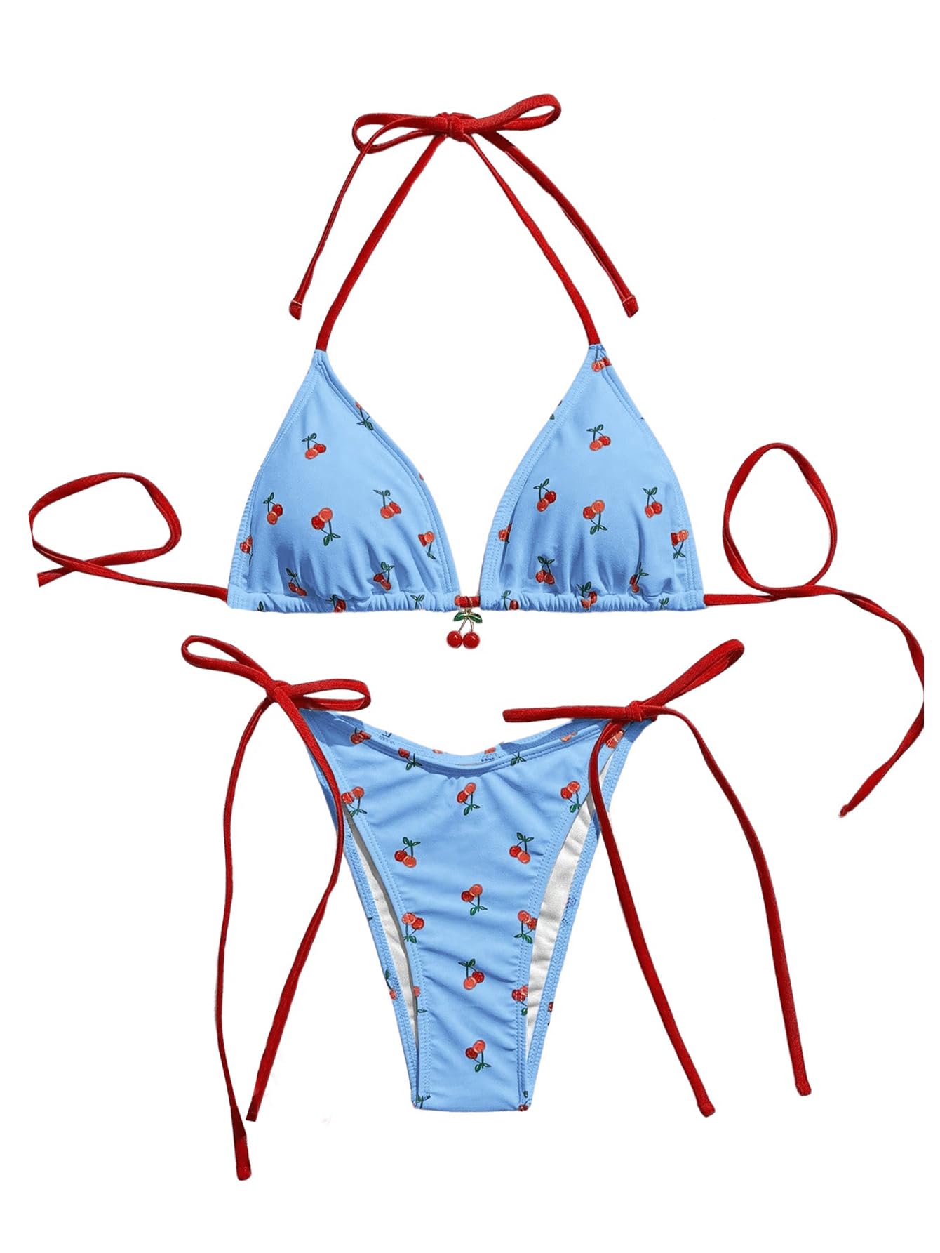 Damski 2-częściowy strój kąpielowy z nadrukiem wiśni bikini zestaw wiązany na szyi trójkątny boczny krawat stringi kostiumy kąpielowe niebieski średni