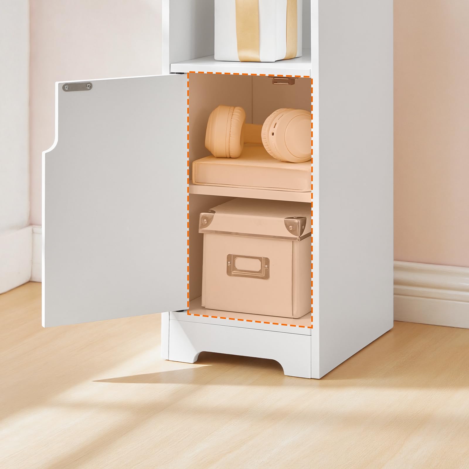 HOOBRO Mesita de Noche Estrecha con Compartimento Abierto y una Puerta, Mesa Auxiliar Pequeña para Sofá, Rincones Pequeños, Dormitorio, Sala de Estar, Blanco EWT198BZ01