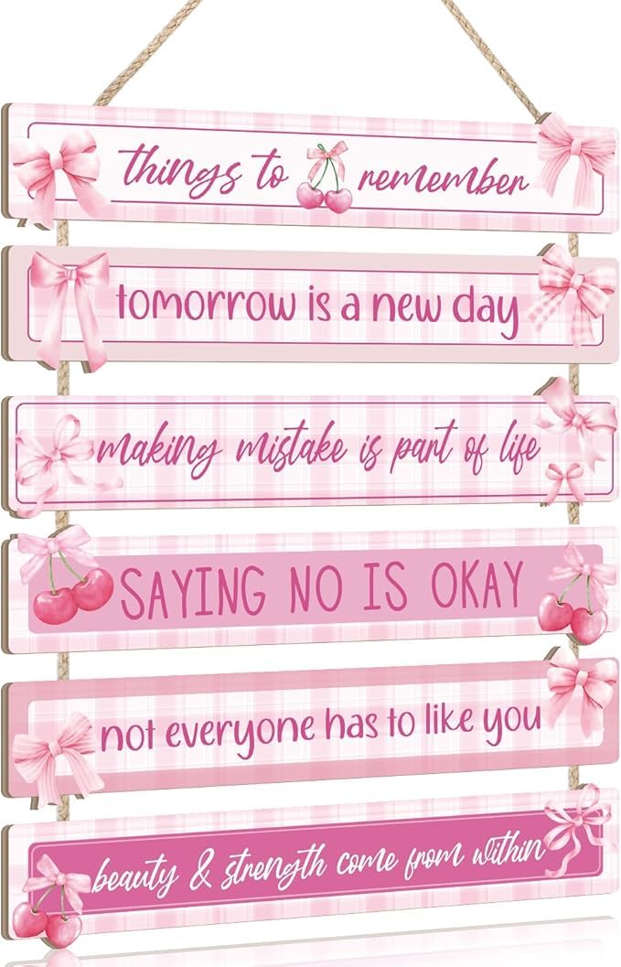 MANDALA SOUL Inspirational Wall Art for Girls, Sage Pink Positive Quotes Wall Decor, Cute Preppy Cherry Bow Wooden Sign Uplifting Encouragement Gifts for Motivational Art for Home Bedroom Decorative-image-7