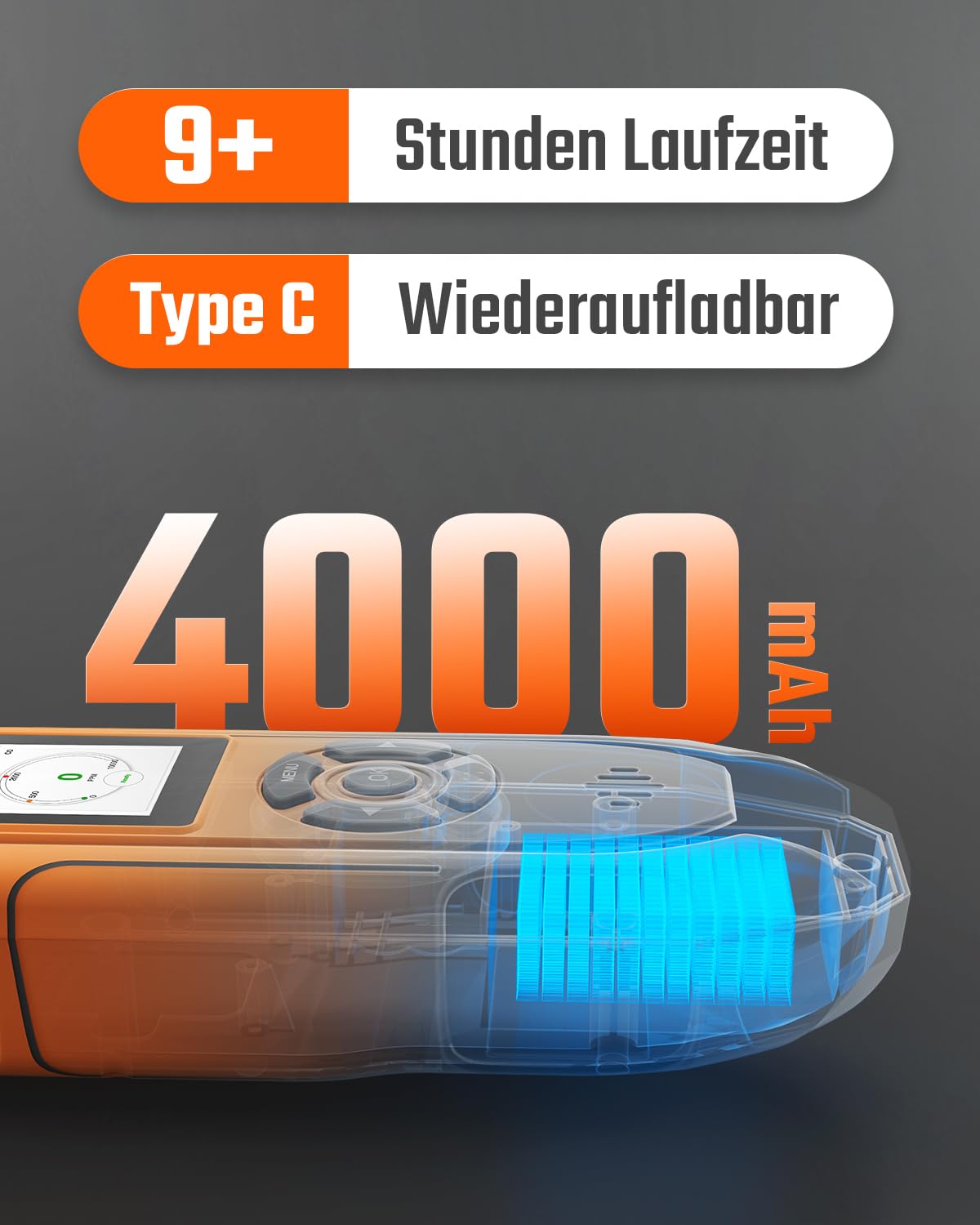 TopTes PT-990 Wiederaufladbarer Gasleckdetektor mit 28cm Flexibler Sonde, Erfassungsbereich 0-10000 ppm, Datenprotokollierung und 3 Alarmarten, Gasmelder für Propan, Methan für Industrie - Orange