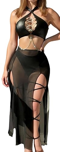 FEOYA Women Faux Leather Lingerie Dress Strappy Bra Skirt Belly Dance Costume Mesh Sheer Dress - Black - Medium