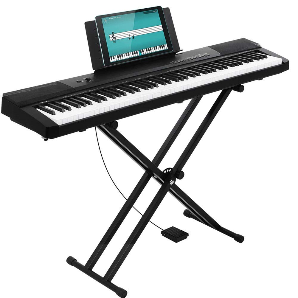 Bakaji - Teclado musical plano electrónico, 88 teclas semipesadas, piano multifunción con 140 ritm, 6 instrumentos musicales, función Split Twinova, entrada AUX USB + pedal atril y soporte
