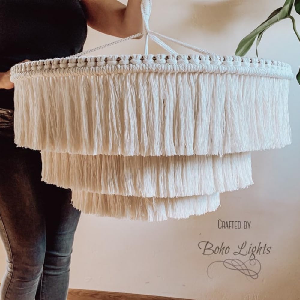 lagom Bohemia Tassel Pendant Light, Fringe Chandelier Ceiling Light Handmade,Boho Light Fixture Cotton Fringes Ceiling Light 23 Inches Wide Colour Creamy White (1-L?GHT)