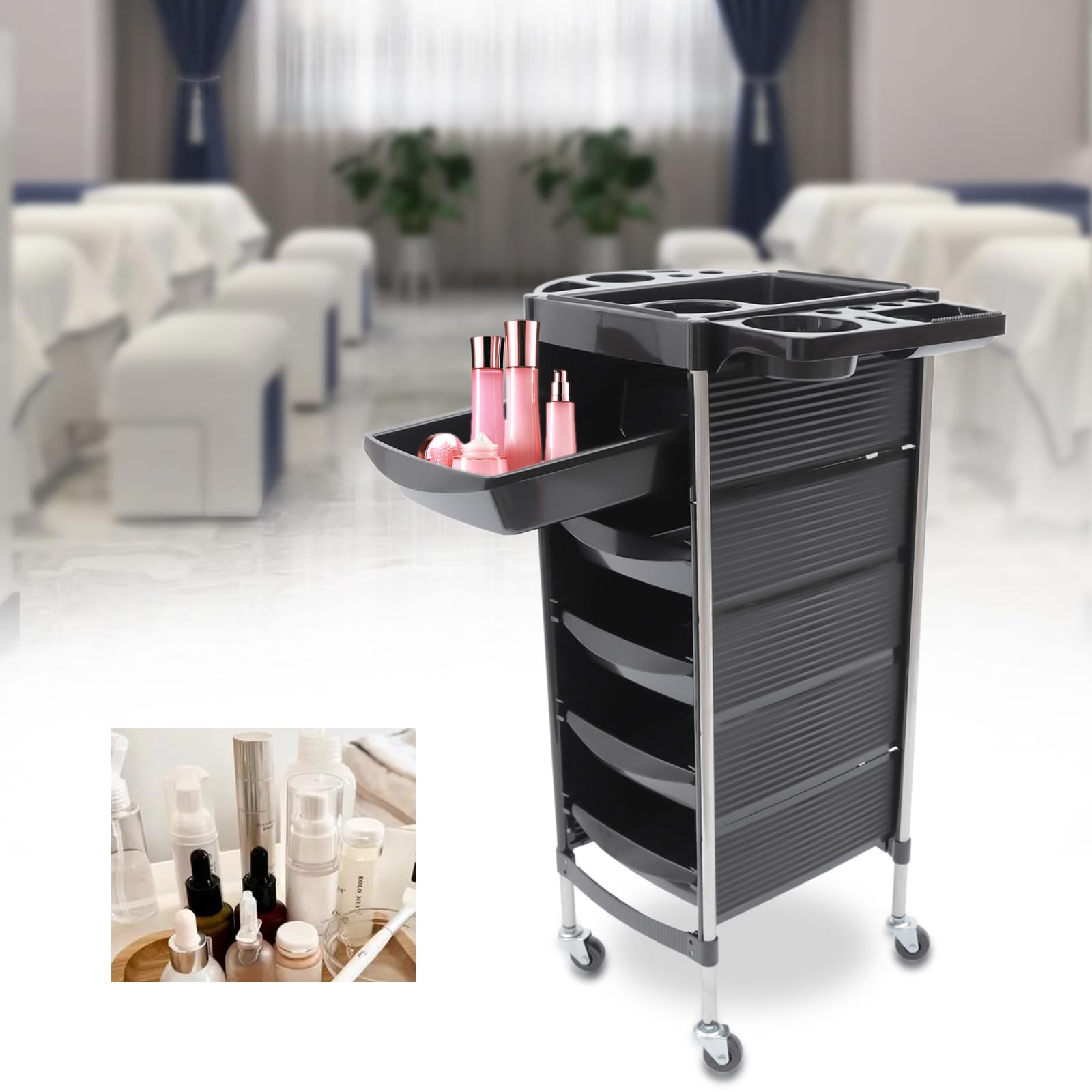 Parrucchiere Carrello da lavoro 6 piani Parrucchiere Carrello portaoggetti con ruote 5 cassetti Salone Carrello per Salone di bellezza nero