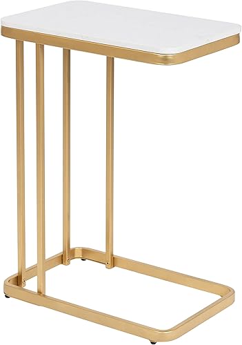 Kate and Laurel Credele Modern Glam - Mesa auxiliar de mármol en forma de C, 12 x 19 x 27 blanco y dorado elegante mesa de TV contemporánea con