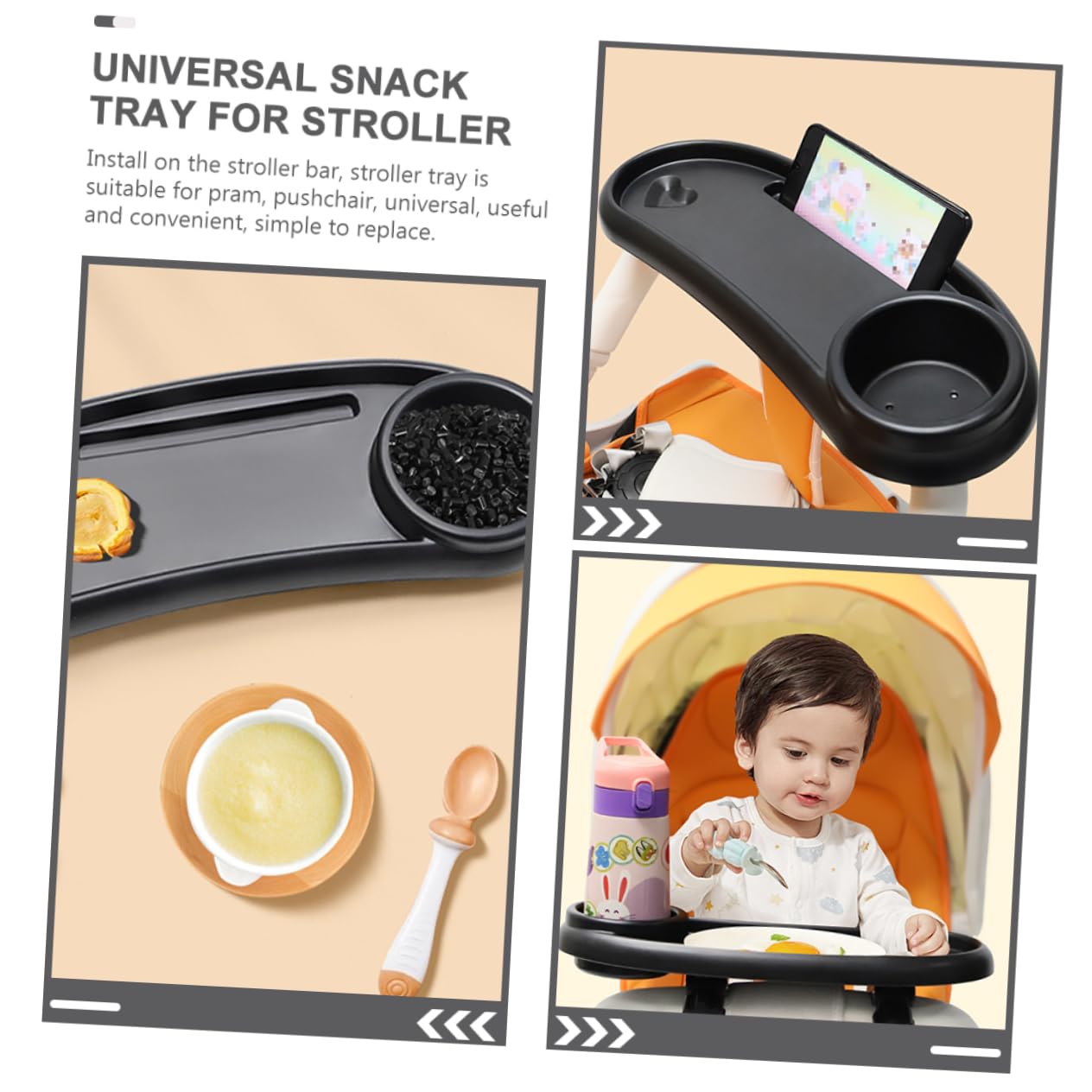 Plateau de Poussette avec Porte-gobelet Stable en Plastique Noir et Facile à Nettoyer, Accessoire pour Repas et Goûter Bébé en Promenade