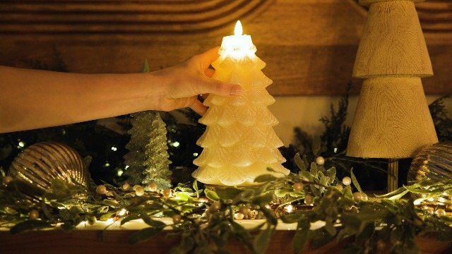 Image of Luminara Christmas Tree Flameless LED Candle, White Swan 4.7 inch x 6.5 inch, Moving Flame Battery Operated Timer, Holiday Decor, Glitter Snow Finish Safe