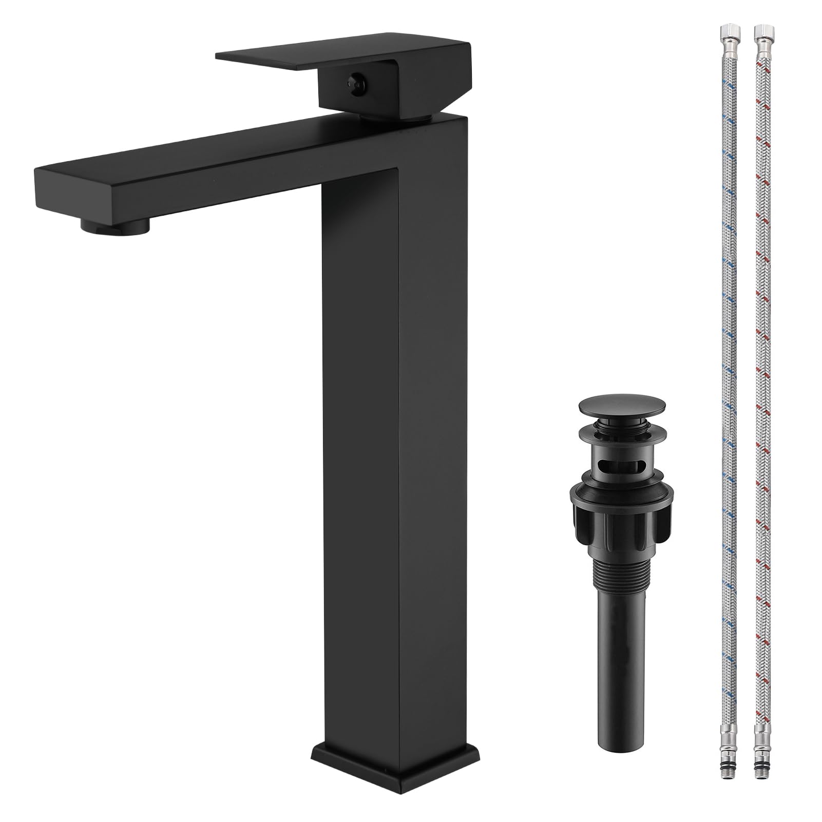 Matte Black Bathroom Faucet Single Handle 1 Hole Tall Bathroom Vessel Sink Faucet, 304 Stainless Steel Modern Vanity Faucet Basin Mixer Tap with Water Supply Hose and Pop Up Sink Drain