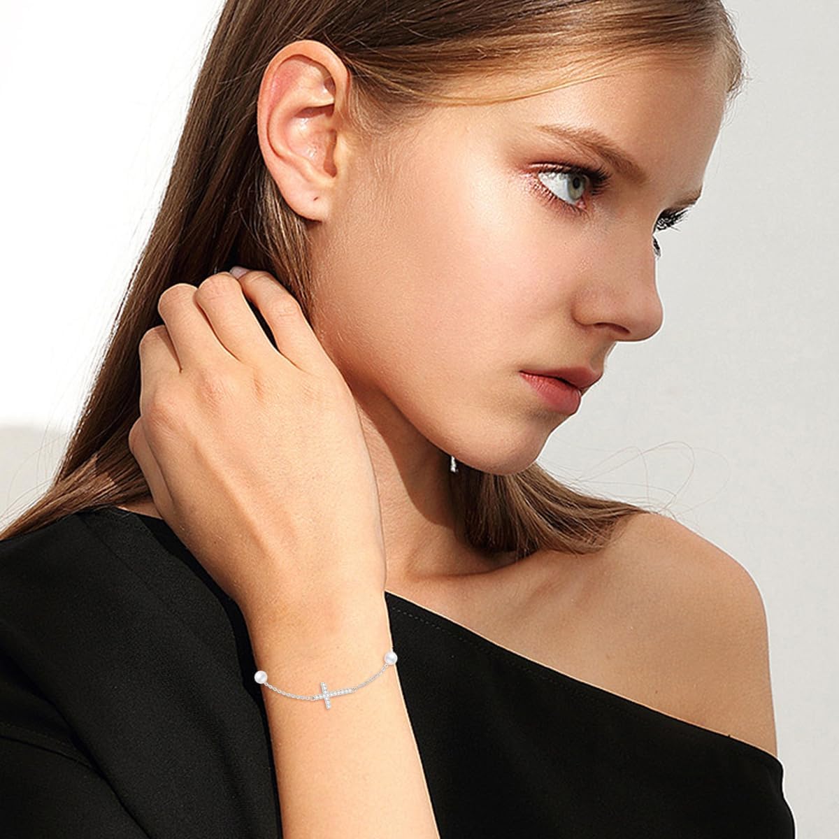 Sterling Silver 0.15 carat Natural Diamond Cross Bracelet for Women, Christian Jewelry Gifts for Her, 6.5-8.5 Inches - Image 2