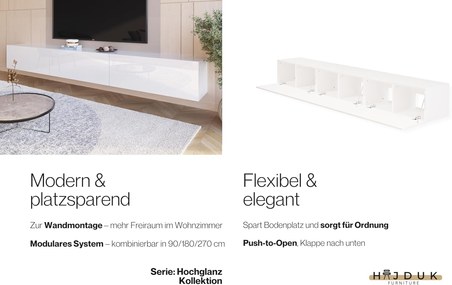 Modularer TV Schrank Weiß Hochglanz - 270 x 35 x 40 cm - Lowboard - Wandmontierte Modernes TV-Board - Wohnzimmer Möbel - Push-to-Open-System - Hängeschrank - 3 Module