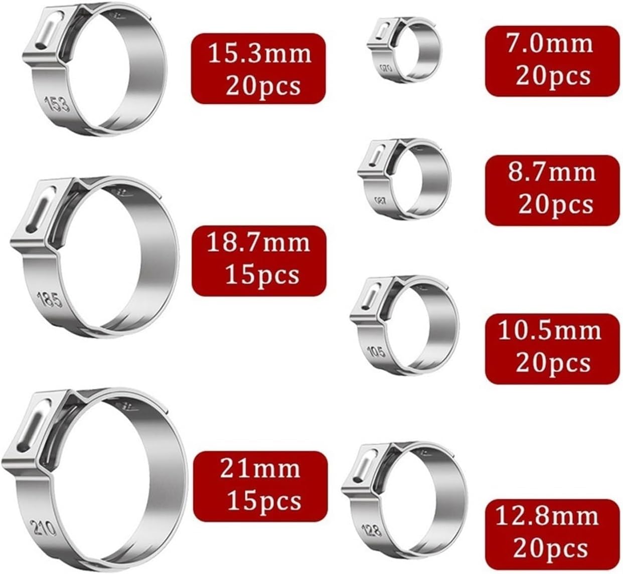 130 Pcs 7-21mm Single Ear Stepless Hose Clamps Clip Assortment Cinch Clamp Rings Stainless Steel Kit for Various Pipes