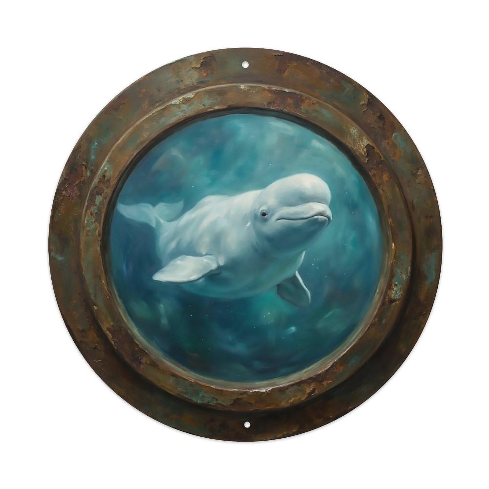 Vintage Porthole Beluga Whale Ship Window Undersea Deep Sea Metal Tin Sign