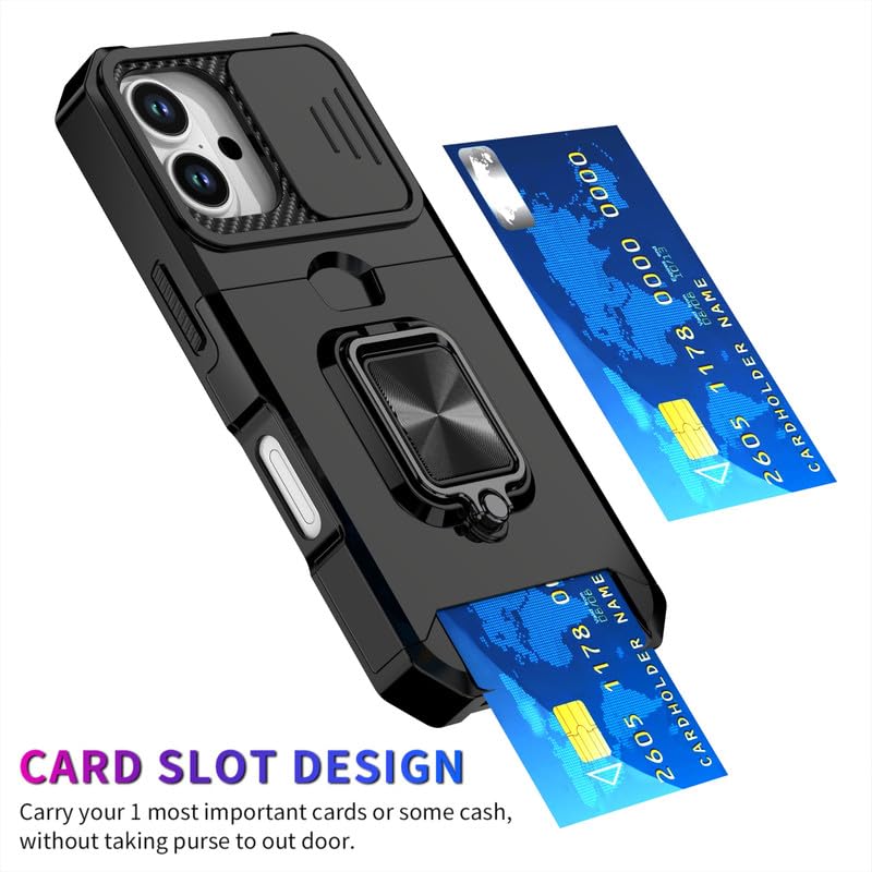 Image of LuxuryKase Shockproof Armor Case for iPhone 17 | Slide Camera Cover | Hidden Card Slot | Rotating Ring Kickstand | Magnetic Car Mount Support | Military Grade Protection - Black