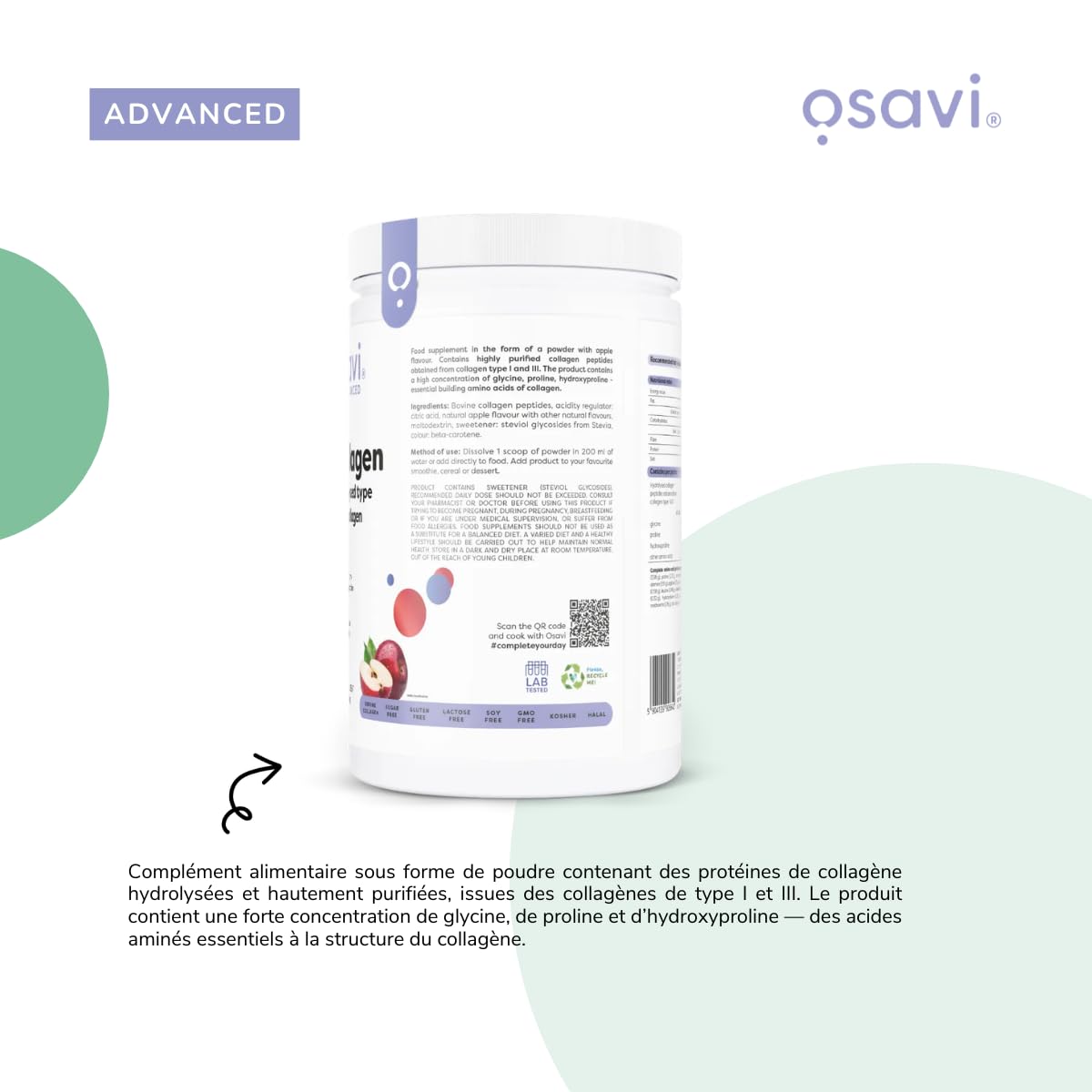 Osavi Collagène Hydrolysé Type I & III – 660 g Poudre | Saveur pomme | 20 g de peptides par portion | 18 acides aminés dont glycine & proline | Soutient muscles & os | Se dissout facilement