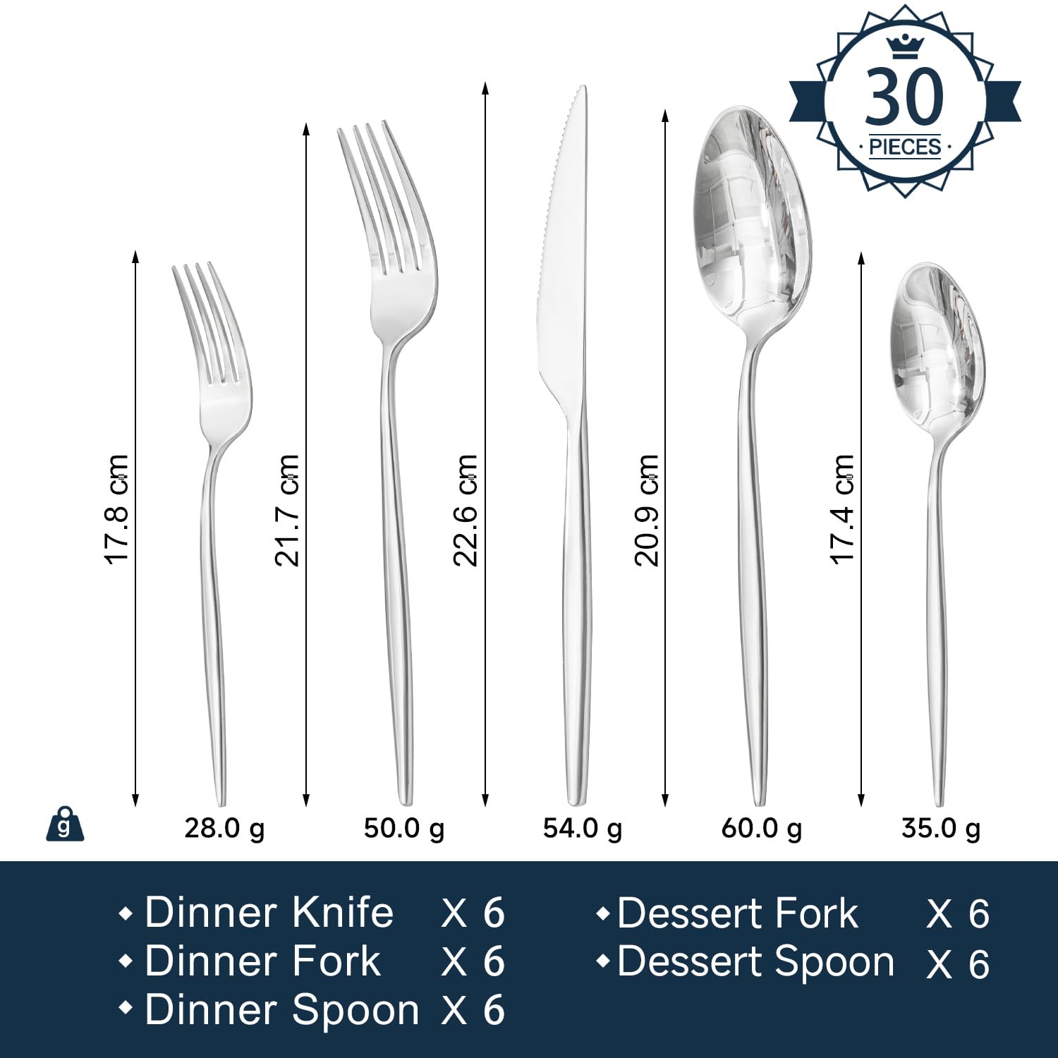 HIKAA Besteck Set 6 Personen, 30-Teiliges Edelstahl Besteckset aus hochwertigem 18/10, Essbesteck mit Gabeln, Messern und Löffeln, Cutlery Set für Restaurant, Hochzeit, spülmaschinenfest(Silber)