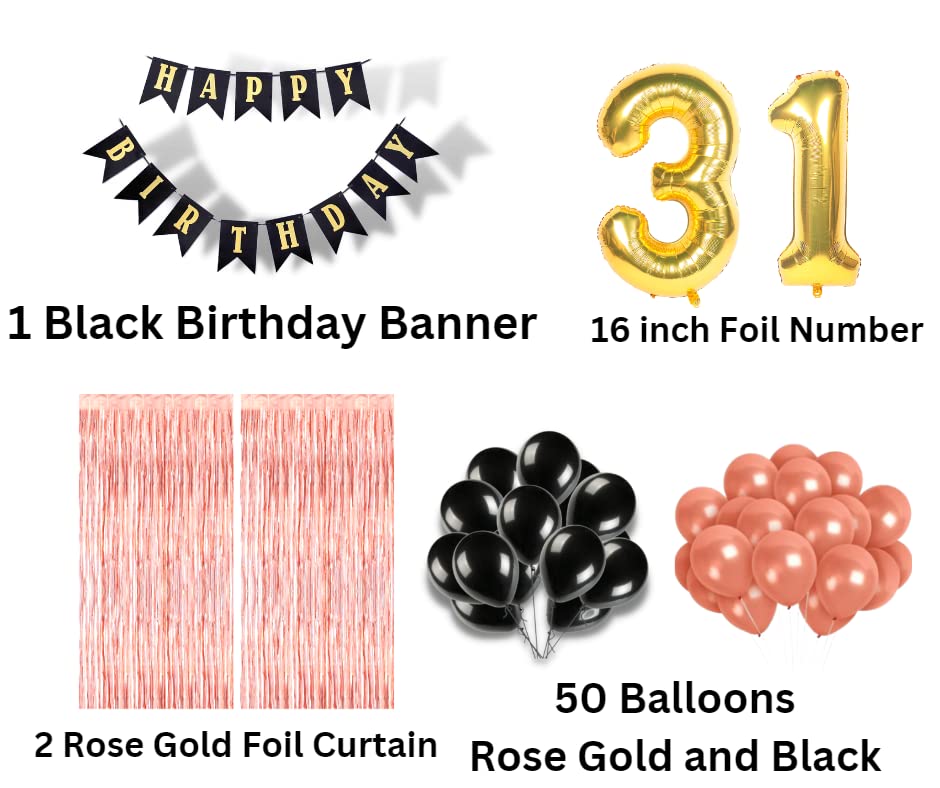 Image of 31st Birthday Decoration items for Girls with Black and Rose Gold Balloons, Black Happy Birthday Banner, Rose Gold Foil Curtain, Foil Balloon number 31