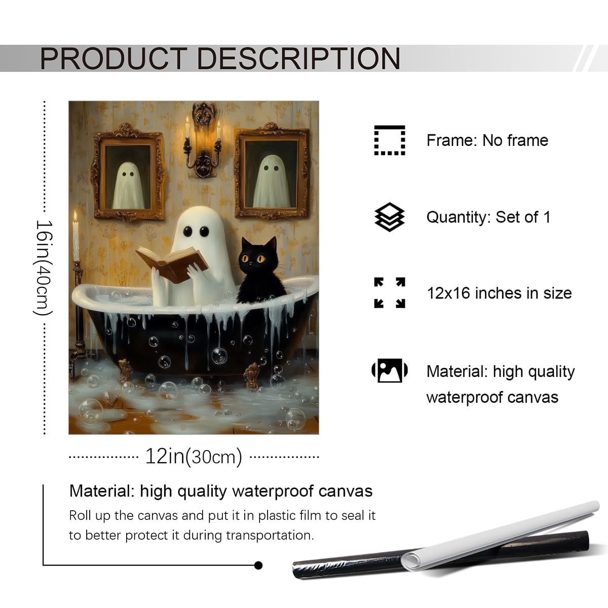 Funny Cat & Ghost Bathroom Wall Art – Cute Halloween Decor For Bathroom, Vintage Style Canvas Print 8x10 Inches Framed - View #2