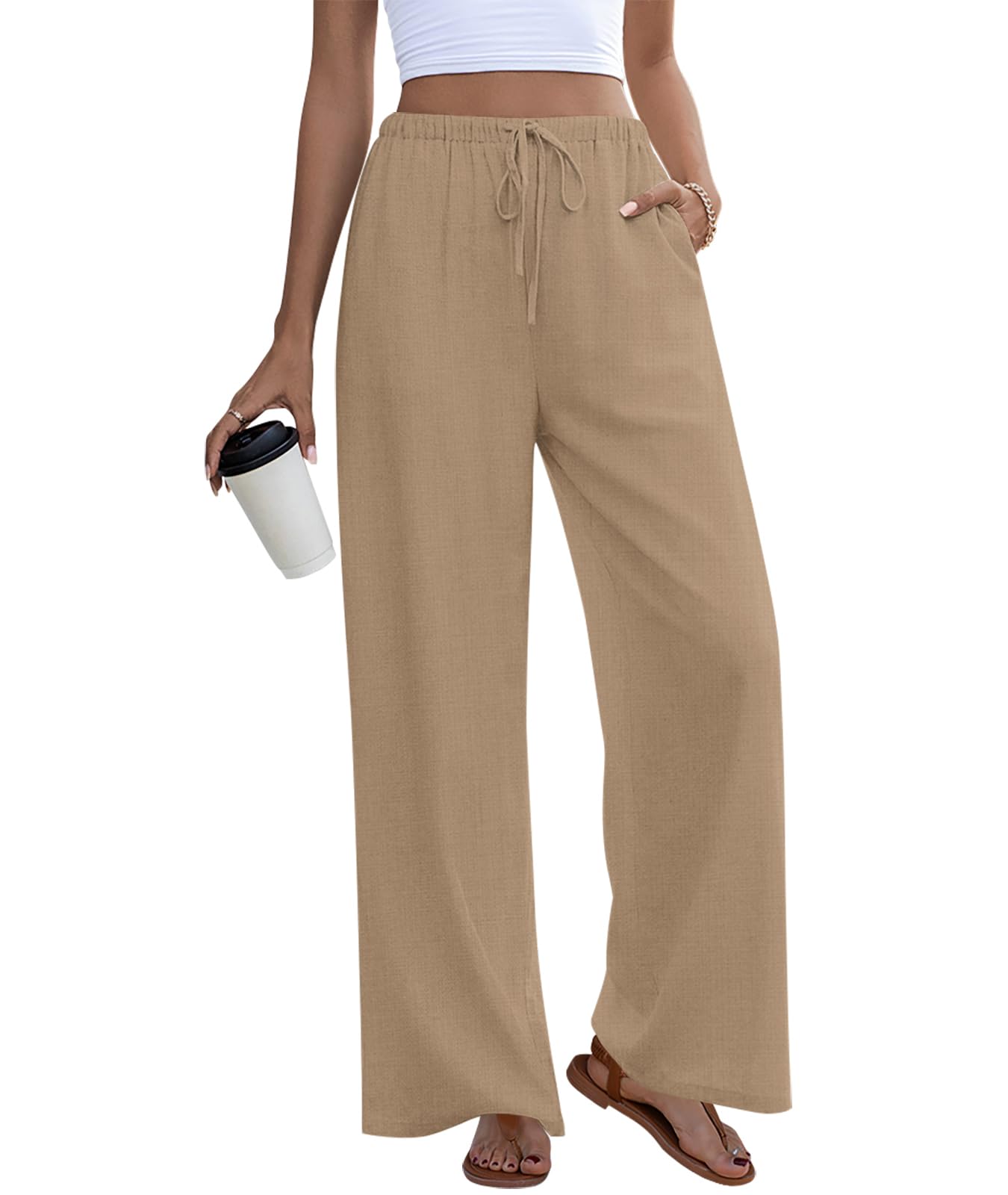 Anymeet Womens Linen Summer Palazzo Pants Flowy Wide Leg Beach Trousers M-3XL