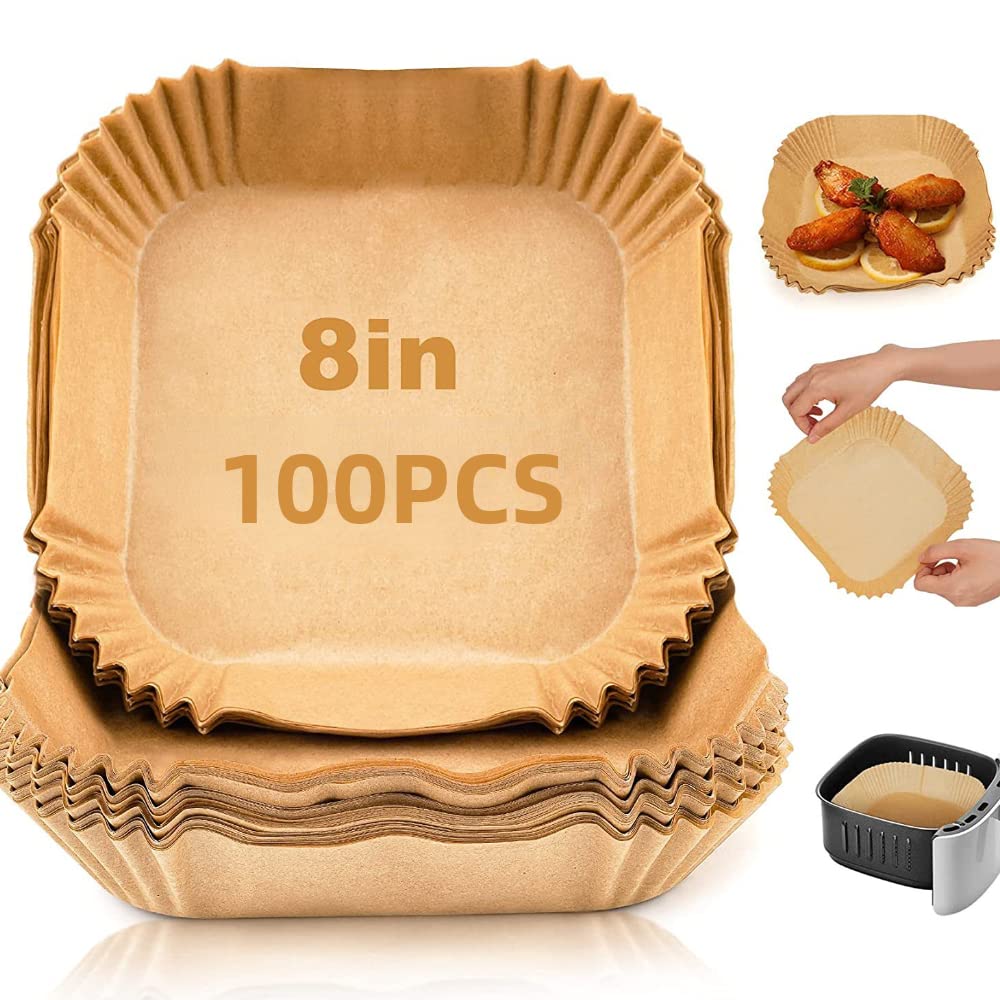 100 Pcs Air Fryer Liners Disposable Paper - 8In Square Parchment Paper Liners, Non-Stick Airfryer liners Fit 5 6 7 8 QT for Air Frying, Baking, Roasting