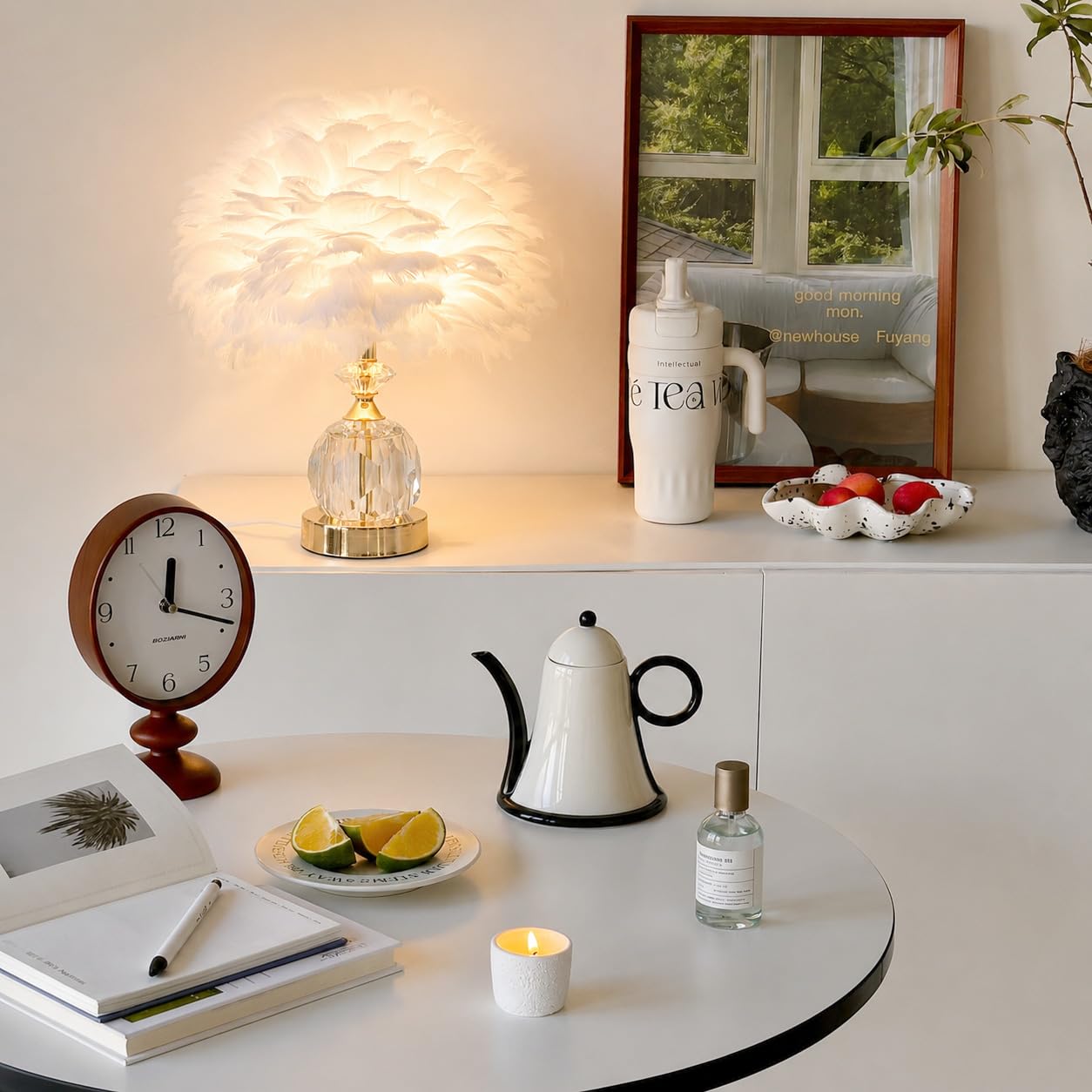 Base De Cristal Lámpara De Mesa De Plumas Blancas Lámpara De Noche De Plumas Románticas Lámpara De Noche De Plumas Lámpara De Plumas Decoración De Dormitorio, Lámpara De Cabecera De Sala De Estar