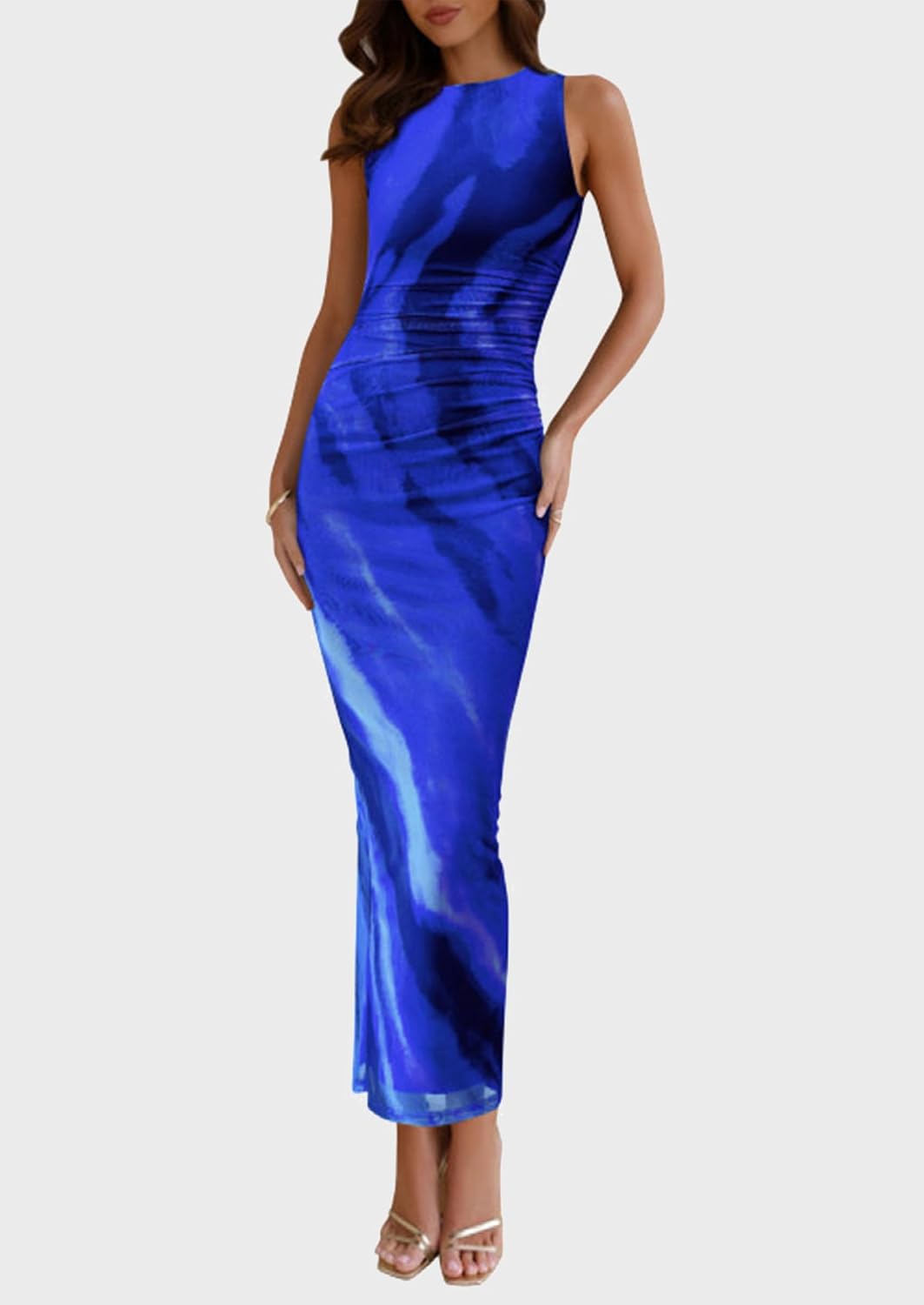 PRETTYGARDEN Womens Summer Wedding Guest Dress 2026 Spring Mesh Sleeveless Bodycon Ruched Floral Holiday Maxi Long Dresses - Image 3