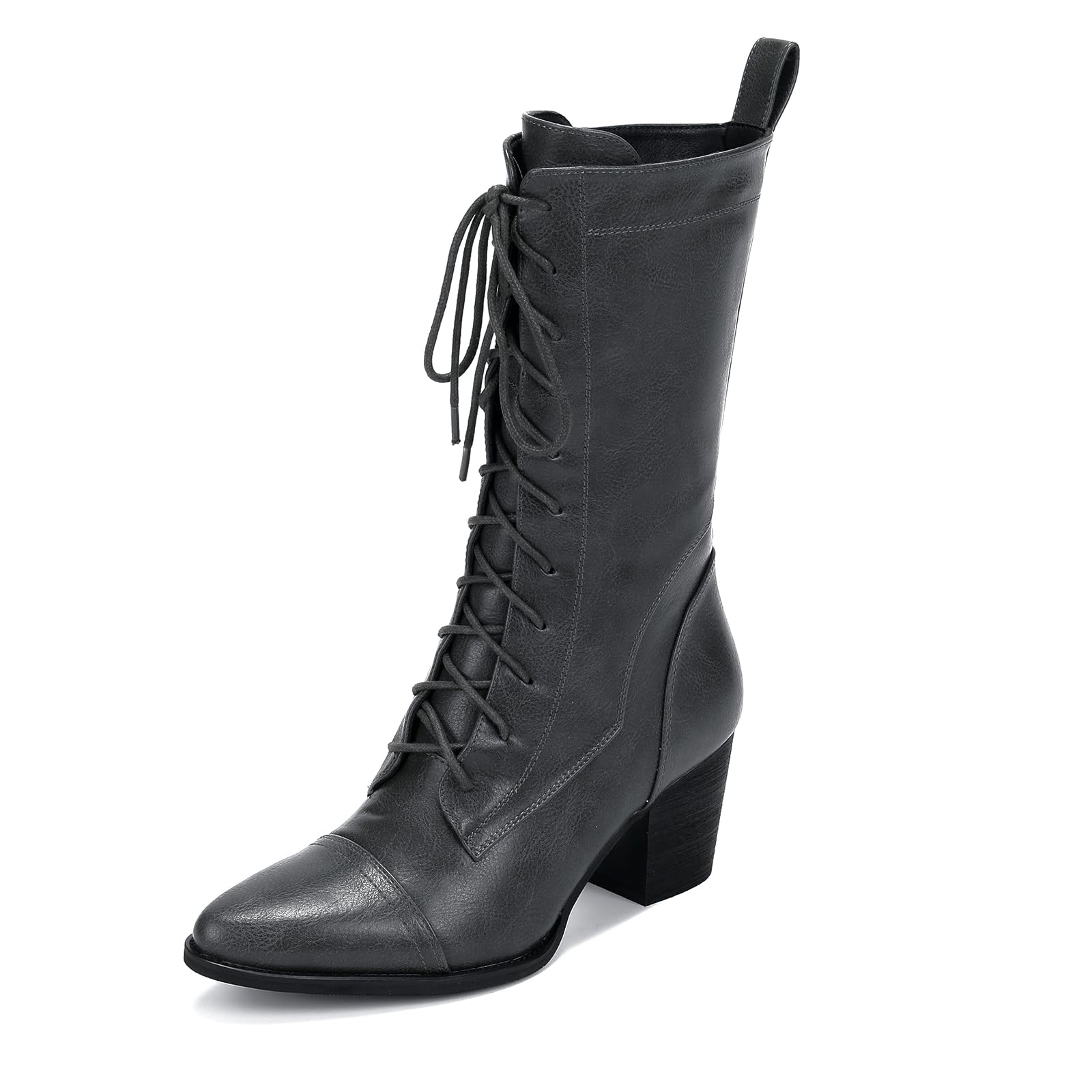 UTIKLIOU Women's Mid Calf Boots Lace up Combat Boots Leather Side Zipper Winter Boots Faux Fur Lining