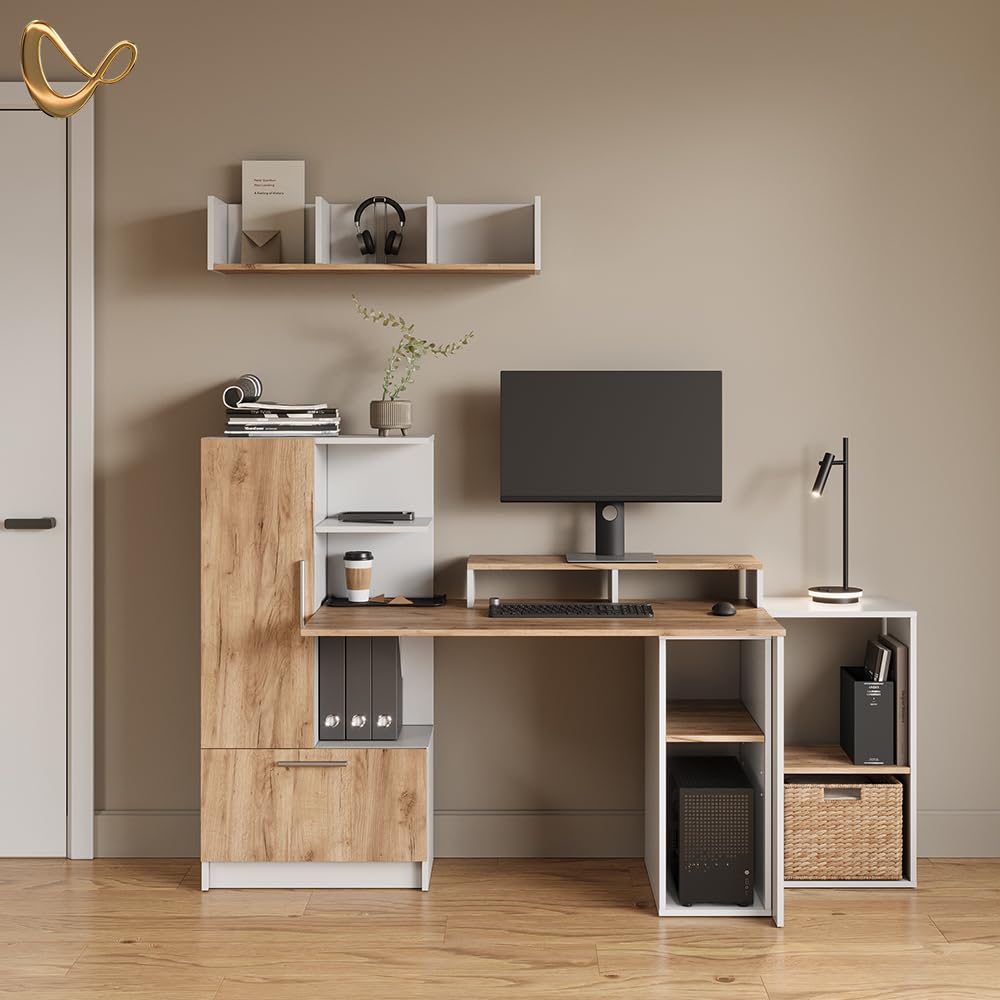 Livinity Armario para PC Lorena, Roble Blanco/Dorado, 28.5 x 72 cm con 2 Compartimentos