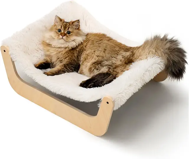 MEWOOFUN Katzenbett Hängematte aus Holz - Flauschig & Stabil für Haustiere