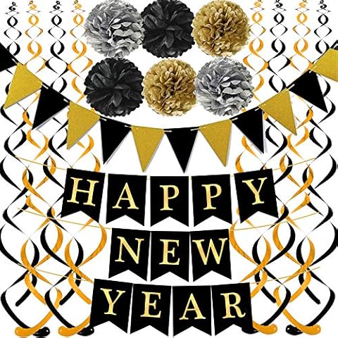 Black Happy New Year with Gold Black Paper Flag Bunting Swirl Streamers & Pom Poms for New year Party Decorations Cover
