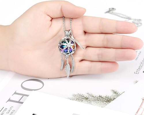 Vista 4 de Collar de urna atrapasueños para cenizas para mujeres y hombres, plumas con ala de ángel, recuerdos, urna hueca para cenizas humanas de mascotas
