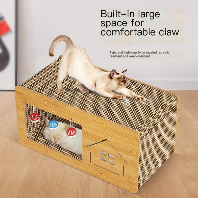 review Cat Scratch House, Cat Scratch Board, 2 in 1 Corrugated Cardboard, Cat Scratching Pad Procect Furniture, with 3 Bells to Rest, Grind and Play (XL 24 * 12 * 12