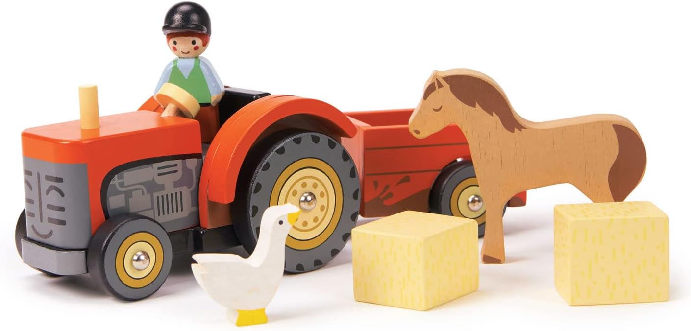 Farmyard Tractor - Wooden Tractor Toy with Removeable Trailer, Animals and Accessories - Open-Ended Play Toy, Farm Pretend Play for Boys and Girls - Age 18m+