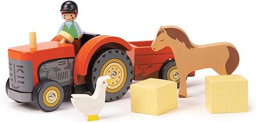 Tender Leaf Toys - Tractor de corral - Juguete de tractor de madera con remolque extraíble, animales y accesorios - Juguete de juego abierto, juego