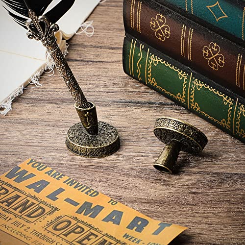 2 Pieces Vintage Round Metal Feather Pen Holder Insertion Pen Holder Feather Quill Stand Desktop Dip Pens Base for Office Supplies Student Present(Ancient Bronze) - Image 5