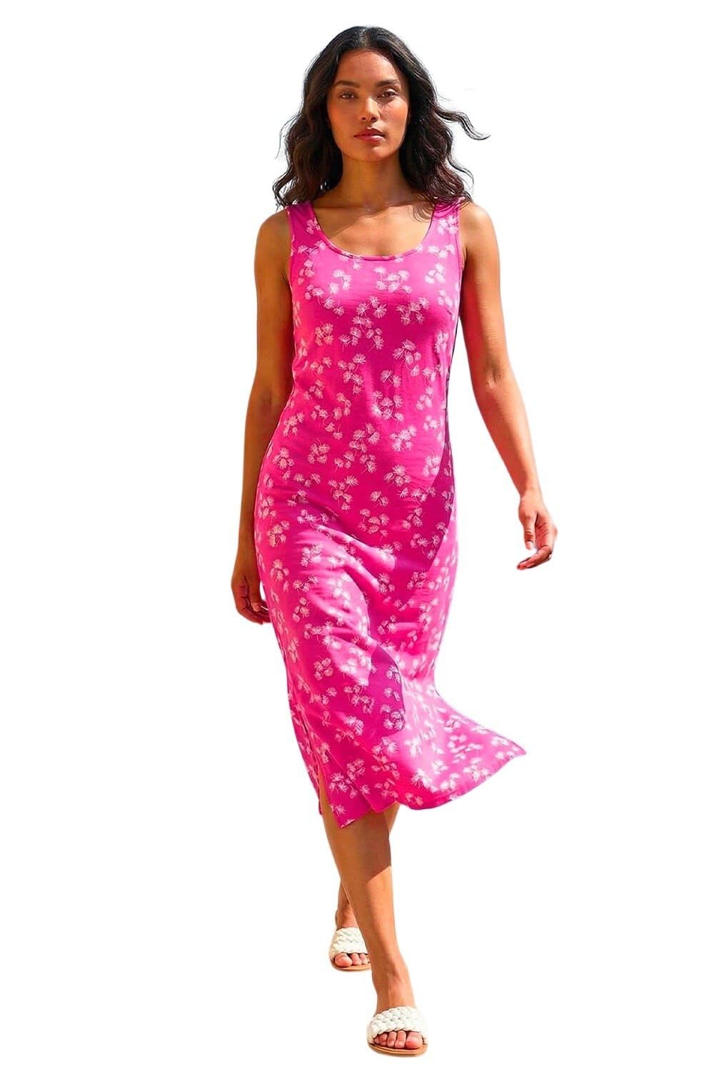 Roman Originals Women Floral Print Jersey Maxi Dress - Ladies Spring Daywear Summer Holiday Square Neckline Side Split Comfy Dresses - Pink - Size 18