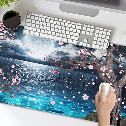 Image of Pink Cherry Blossom Gaming Mouse Pad XL Sakura Tree Blue Ocean Moon Night Extended Big Large Desk Mat Non-Slip Rubber Base Stitched Edge Long Keyboard Mousepad for PC Computer Laptop,31.5x11.8 in